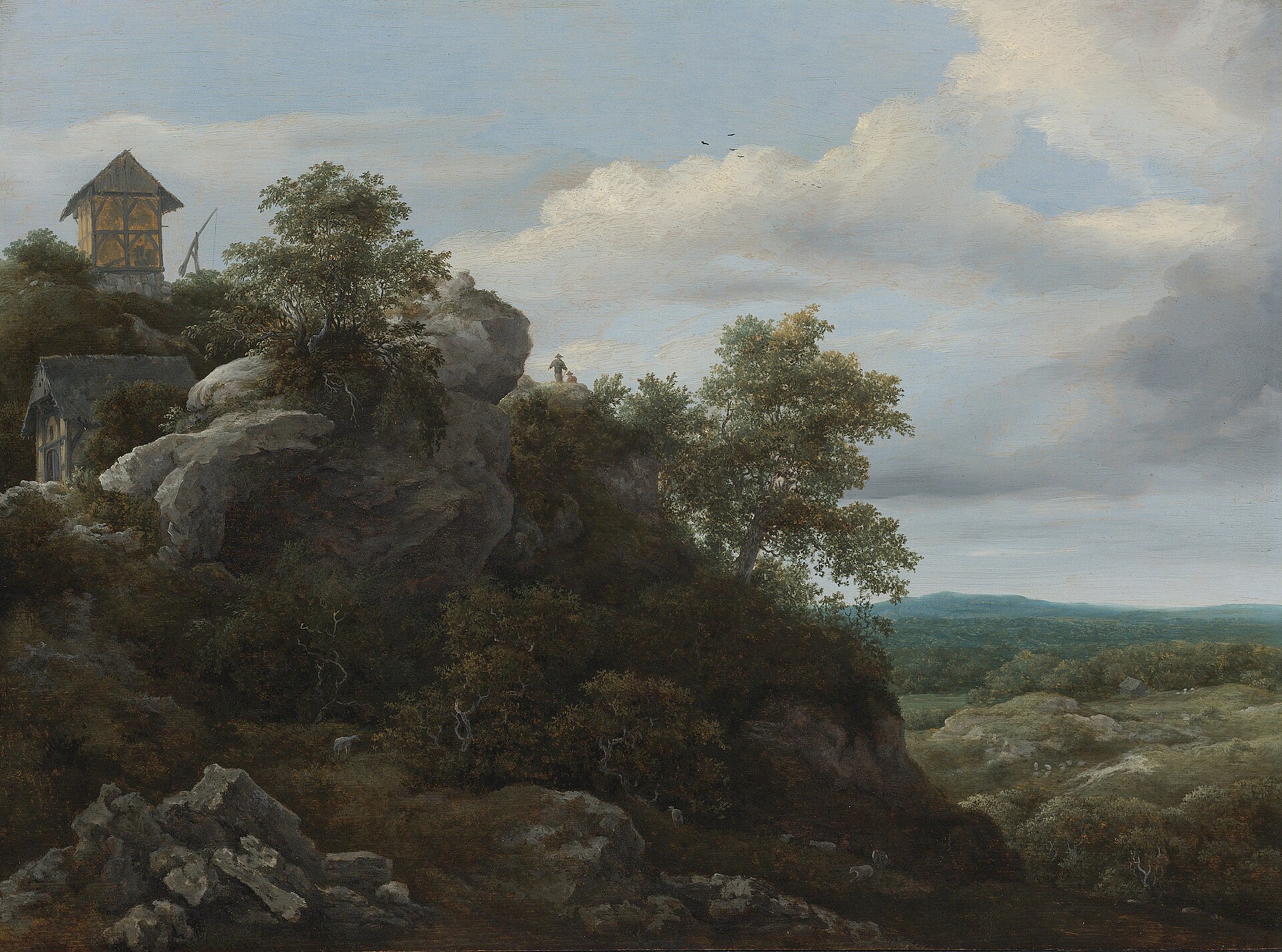 Imagem de referência de Paisagem com casas em colina rochosa com vista para uma planície, descrito nos dados abertos como pintura de Jacob van Ruisdael