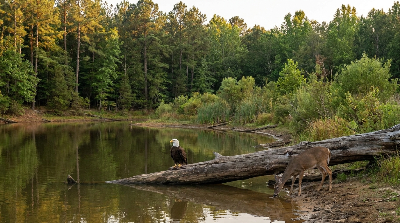 Lago artificial para criar peixes vira refúgio de vida selvagem no Alabama: em 1.000 dias vira refúgio de águias,cervos e corujas