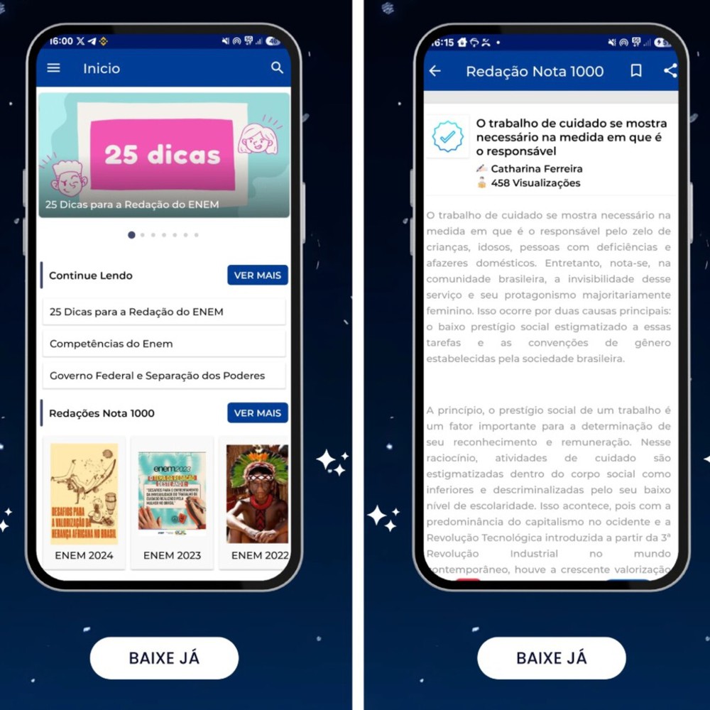 O app reúne uma "biblioteca" com as redações nota máxima de anos anteriores — Foto: Reprodução/Google Play Store