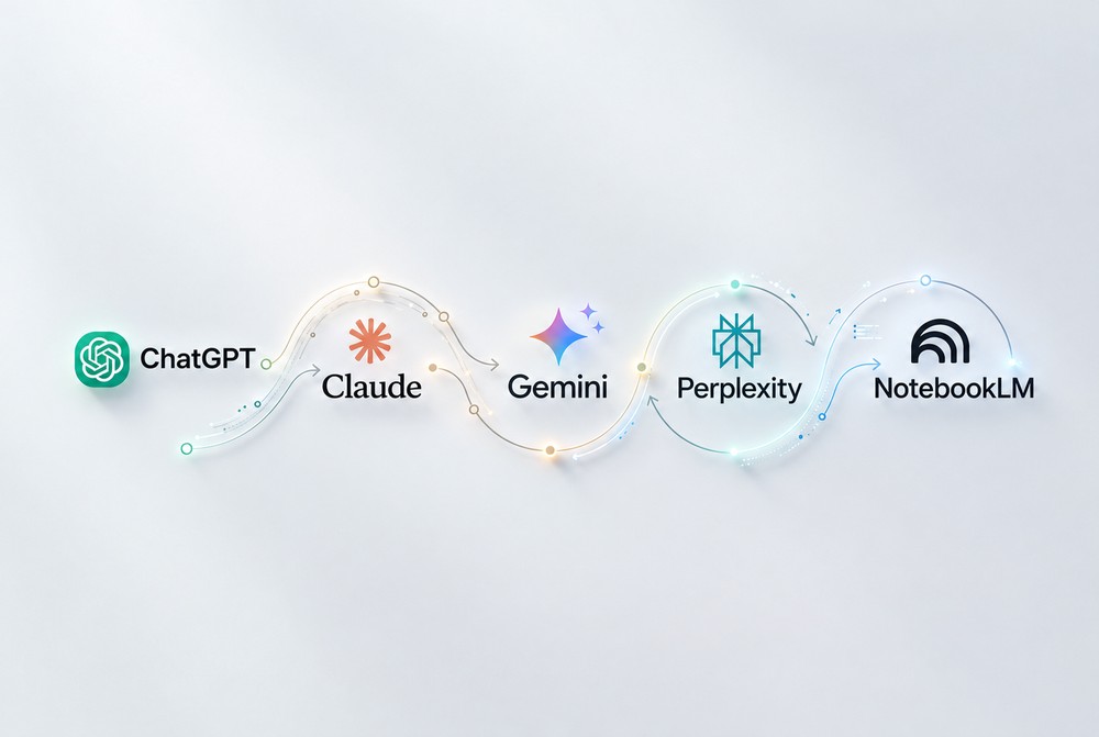ChatGPT, Claude, Gemini, Perplexity e NotebookLM podem ser combinados para dividir tarefas e aproveitar melhor os recursos de cada IA — Foto: Imagem gerada por IA/OpenAI