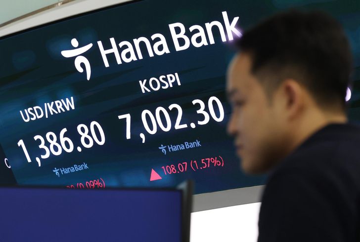 The benchmark KOSPI index is displayed on a screen at a dealing room of Hana Bank headquarters in Seoul, Monday. Yonhap