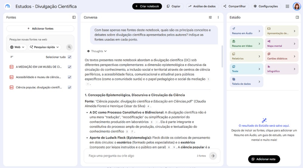 É possível acrescentar fontes para estudo no NotebookLM — Foto: Reprodução/Júlia Silveira