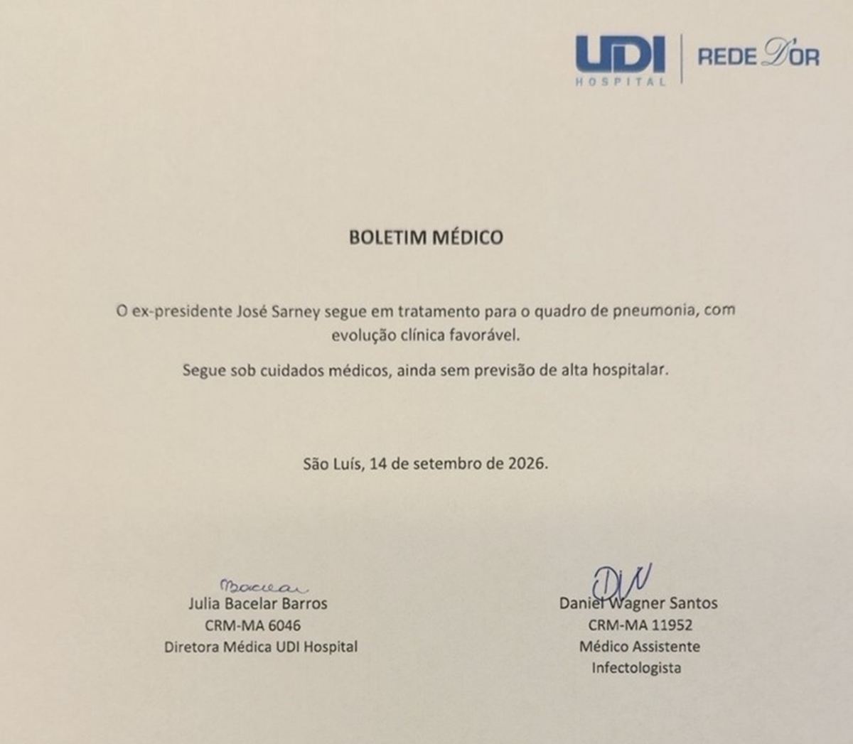 Sarney segue em tratamento de pneumonia, com "evolução clínica favorável"