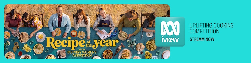 Recipe of the Year cooking competition banner featuring cooks around a table, with ABC iview logo and Stream Now text.