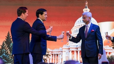 US Secretary of State Marco Rubio with External Affairs Minister S Jaishankar, and US ambassador to India Sergio Gor at the Jio World Convention Centre in Mumbai on Tuesday. (POOL Reuters via AP)