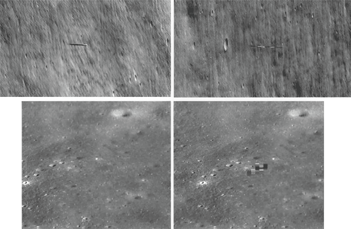 Na imagem do canto superior esquerdo, o LRO estava cinco km acima do satélite Danuri, que aparece na foto como uma “prancha de surf”. Na segunda imagem, no canto superior direito, a distância entre eles era de quatro km. As duas imagens na fileira de baixo foram feitas durante a terceira órbita, com uma separação de oito km entre as espaçonaves. Crédito: NASA/Goddard/Universidade Estadual do Arizona