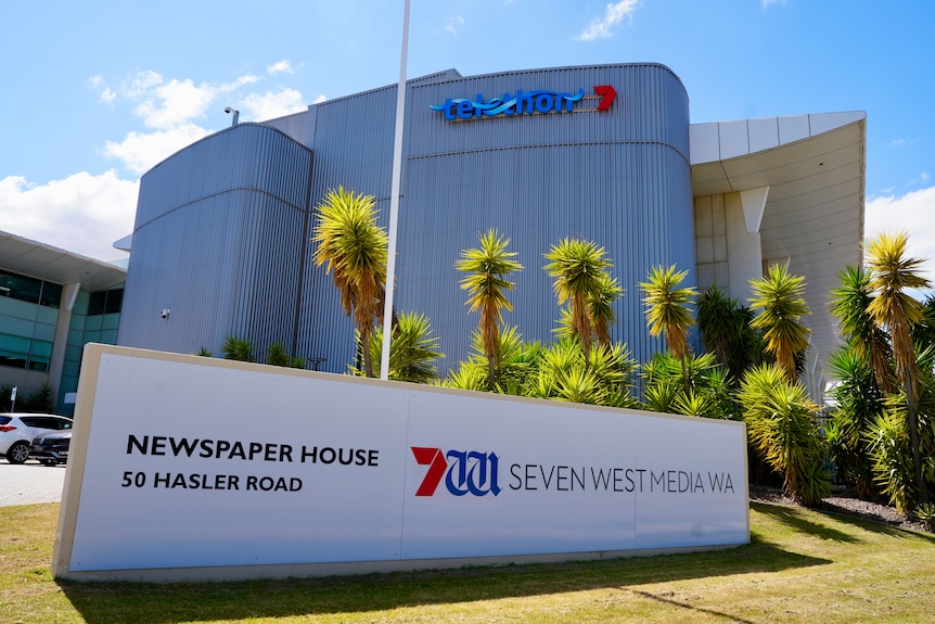 A large building with the words Seven West Media on a wall at the front.