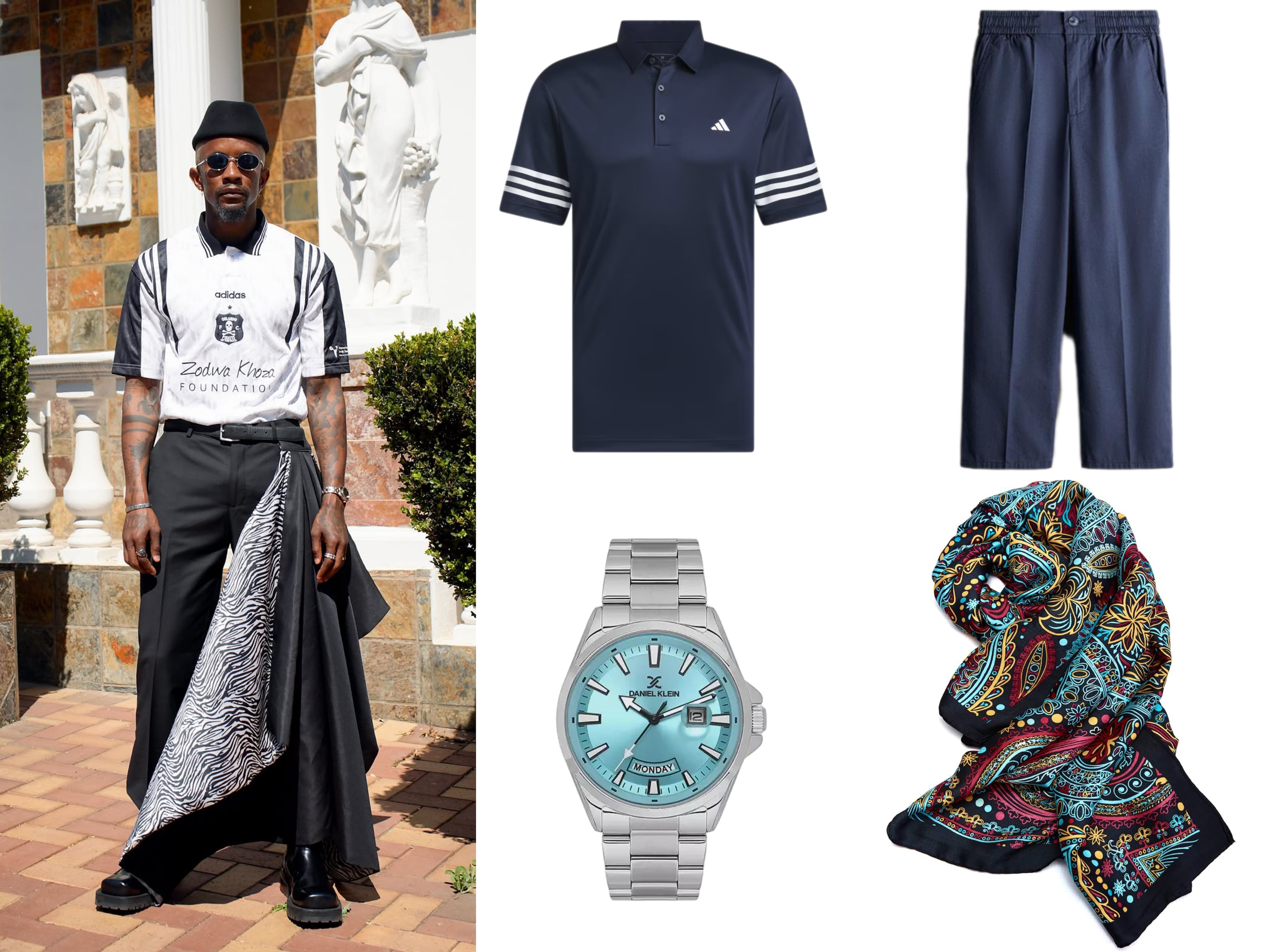 1. Three-stripe polo shirt, Adidas, R 479. 2. Slim-fit cotton chinos — dark blue H&M, R379. 3. Zuri Nzuri Bese Saka silk-feel scarf, Amazon, R380. 4. DK614037-3 — blue, Daniel Klein, R1,014. Picture: Instagram/@LindaMntambo