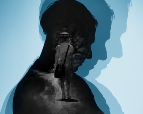 A young girl with a satchel and hat walks away, overlaid with a man's silhouette