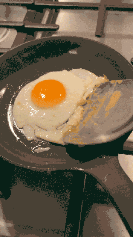 A video loop of a cooked egg being flipped.