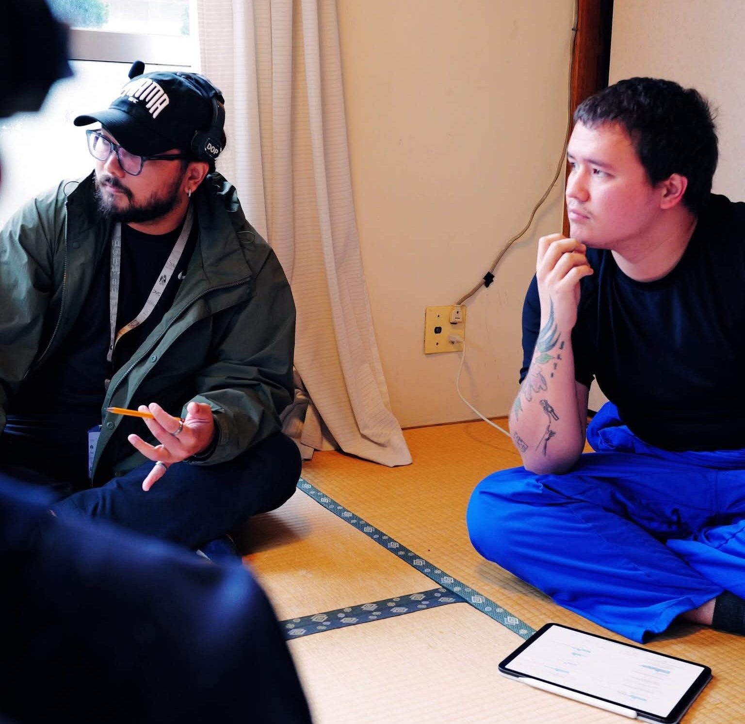 Director BC Amparado (left) and Juan Karlos Labajo on the set of ‘Mono No Aware.’