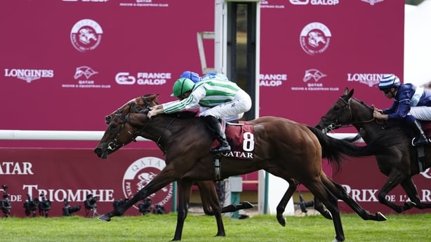 Christophe Soumillon riding Green Empress (green/white) win The Qatar Prix Marcel Boussac at ParisLongchamp